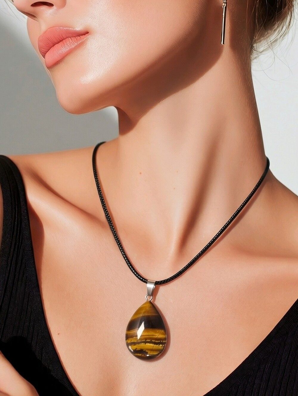 Golden Tiger Eye Teardrop Pendant Necklace Cat Eye Earthy Boho Crystal Jewelry